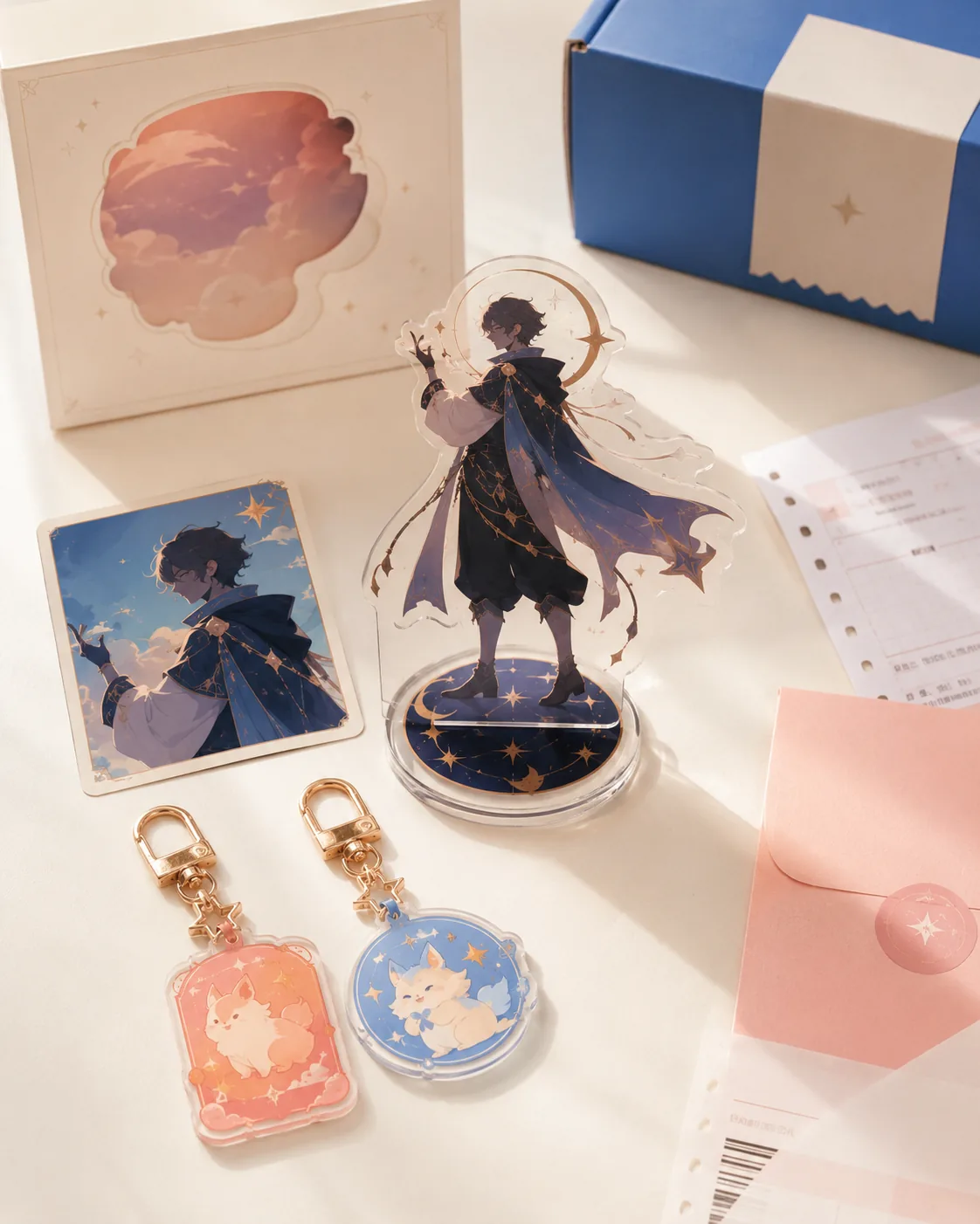 A collection of fictional acrylic stands, character cards and keychains